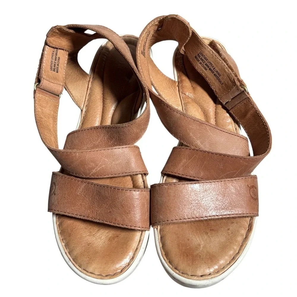 Born Womens 9 M Tan Brown Leather Cross Strap Wedge Sandals Boho Beach Festival